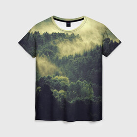 Женская футболка 3D с принтом туманный лес в Курске, 100% полиэфир ( синтетическое хлопкоподобное полотно) | прямой крой, круглый вырез горловины, длина до линии бедер | горы | лес | море | охота | приключения | природа | рыбалка | свобода | скалы | туман | туризм | экстрим