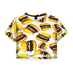 Женская футболка 3D укороченная с принтом Гамбургер в Курске, 100% полиэстер | круглая горловина, длина футболки до линии талии, рукава с отворотами | fast food | фастфуд