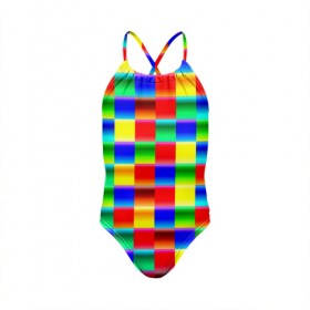 Детский купальник 3D с принтом Кубики в Курске, Полиэстер 85%, Спандекс 15% | Слитный крой, подклад по переду изделия, узкие бретели | Тематика изображения на принте: абстракция | кубики | пиксели | плитка | разноцветный | яркий