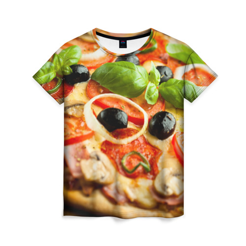 Женская футболка 3D с принтом Пицца в Курске, 100% полиэфир ( синтетическое хлопкоподобное полотно) | прямой крой, круглый вырез горловины, длина до линии бедер | базилик | еда | зелень | маслины | оливки | пицца | помидоры