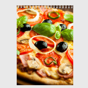Скетчбук с принтом Пицца в Курске, 100% бумага
 | 48 листов, плотность листов — 100 г/м2, плотность картонной обложки — 250 г/м2. Листы скреплены сверху удобной пружинной спиралью | Тематика изображения на принте: базилик | еда | зелень | маслины | оливки | пицца | помидоры