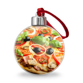 Ёлочный шар с принтом Пицца в Курске, Пластик | Диаметр: 77 мм | базилик | еда | зелень | маслины | оливки | пицца | помидоры