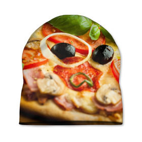 Шапка 3D с принтом Пицца в Курске, 100% полиэстер | универсальный размер, печать по всей поверхности изделия | Тематика изображения на принте: базилик | еда | зелень | маслины | оливки | пицца | помидоры