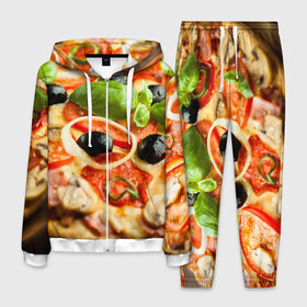 Мужской костюм 3D с принтом Пицца в Курске, 100% полиэстер | Манжеты и пояс оформлены тканевой резинкой, двухслойный капюшон со шнурком для регулировки, карманы спереди | базилик | еда | зелень | маслины | оливки | пицца | помидоры