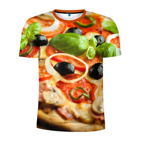 Мужская футболка 3D спортивная с принтом Пицца в Курске, 100% полиэстер с улучшенными характеристиками | приталенный силуэт, круглая горловина, широкие плечи, сужается к линии бедра | базилик | еда | зелень | маслины | оливки | пицца | помидоры