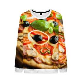 Мужской свитшот 3D с принтом Пицца в Курске, 100% полиэстер с мягким внутренним слоем | круглый вырез горловины, мягкая резинка на манжетах и поясе, свободная посадка по фигуре | базилик | еда | зелень | маслины | оливки | пицца | помидоры
