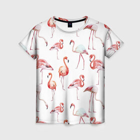 Женская футболка 3D с принтом Узор из фламинго в Курске, 100% полиэфир ( синтетическое хлопкоподобное полотно) | прямой крой, круглый вырез горловины, длина до линии бедер | Тематика изображения на принте: животные | мозаика | птицы | узор | фауна | фламинго