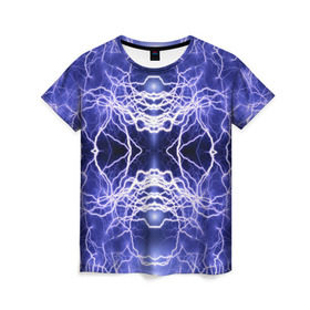 Женская футболка 3D с принтом Static Electricity в Курске, 100% полиэфир ( синтетическое хлопкоподобное полотно) | прямой крой, круглый вырез горловины, длина до линии бедер | static electricity | белый | молнии | разряд | синий | статическое электричество | фиолетовый | чёрный