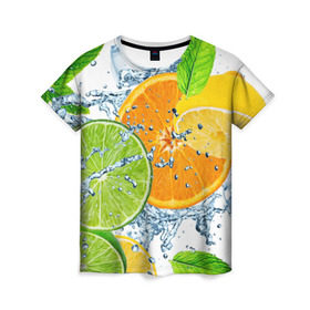 Женская футболка 3D с принтом Мятный смузи в Курске, 100% полиэфир ( синтетическое хлопкоподобное полотно) | прямой крой, круглый вырез горловины, длина до линии бедер | вода | еда | зима | искусство | лайм | лимон | листья | новинки | природа | солнце | фрукты