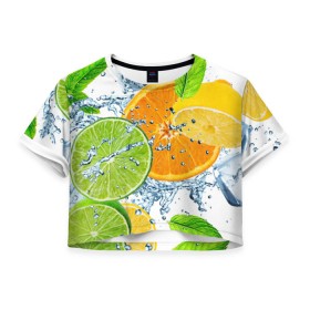 Женская футболка 3D укороченная с принтом Мятный смузи в Курске, 100% полиэстер | круглая горловина, длина футболки до линии талии, рукава с отворотами | вода | еда | зима | искусство | лайм | лимон | листья | новинки | природа | солнце | фрукты