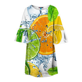 Детское платье 3D с принтом Мятный смузи в Курске, 100% полиэстер | прямой силуэт, чуть расширенный к низу. Круглая горловина, на рукавах — воланы | Тематика изображения на принте: вода | еда | зима | искусство | лайм | лимон | листья | новинки | природа | солнце | фрукты