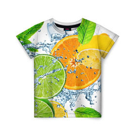 Детская футболка 3D с принтом Мятный смузи в Курске, 100% гипоаллергенный полиэфир | прямой крой, круглый вырез горловины, длина до линии бедер, чуть спущенное плечо, ткань немного тянется | вода | еда | зима | искусство | лайм | лимон | листья | новинки | природа | солнце | фрукты