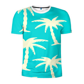 Мужская футболка 3D спортивная с принтом Пальмы в Курске, 100% полиэстер с улучшенными характеристиками | приталенный силуэт, круглая горловина, широкие плечи, сужается к линии бедра | бирюзовый | паттерн | тропики