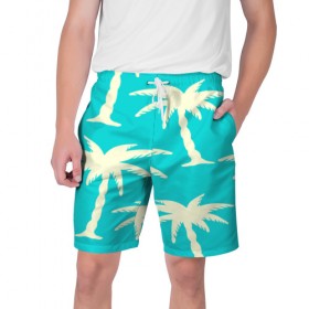 Мужские шорты 3D с принтом Пальмы в Курске,  полиэстер 100% | прямой крой, два кармана без застежек по бокам. Мягкая трикотажная резинка на поясе, внутри которой широкие завязки. Длина чуть выше колен | бирюзовый | паттерн | тропики