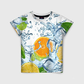 Детская футболка 3D с принтом Мульти фрукт в Курске, 100% гипоаллергенный полиэфир | прямой крой, круглый вырез горловины, длина до линии бедер, чуть спущенное плечо, ткань немного тянется | вода | еда | зима | искусство | лайм | лимон | листья | новинки | природа | солнце | фрукты