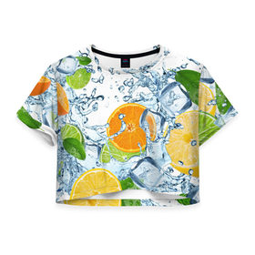 Женская футболка 3D укороченная с принтом Мульти фрукт в Курске, 100% полиэстер | круглая горловина, длина футболки до линии талии, рукава с отворотами | вода | еда | зима | искусство | лайм | лимон | листья | новинки | природа | солнце | фрукты