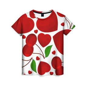 Женская футболка 3D с принтом сердце и вишня в Курске, 100% полиэфир ( синтетическое хлопкоподобное полотно) | прямой крой, круглый вырез горловины, длина до линии бедер | вишня | сердце