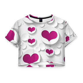 Женская футболка 3D укороченная с принтом серца в Курске, 100% полиэстер | круглая горловина, длина футболки до линии талии, рукава с отворотами | сердце
