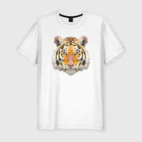 Мужская футболка премиум с принтом Полигональный тигр в Курске, 92% хлопок, 8% лайкра | приталенный силуэт, круглый вырез ворота, длина до линии бедра, короткий рукав | геометрический рисунок | голова | животные | тигр | фауна