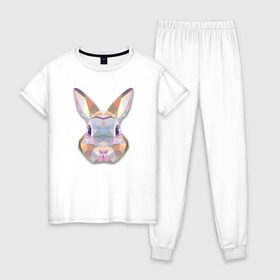 Женская пижама хлопок с принтом Полигональный кролик в Курске, 100% хлопок | брюки и футболка прямого кроя, без карманов, на брюках мягкая резинка на поясе и по низу штанин | геометрический рисунок | голова | животные | кролик | фауна