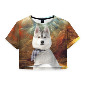 Женская футболка 3D укороченная с принтом Хаски в Курске, 100% полиэстер | круглая горловина, длина футболки до линии талии, рукава с отворотами | маламут | песик | собака | собаки | собачка | хаски