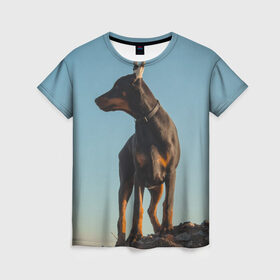 Женская футболка 3D с принтом Доберман в Курске, 100% полиэфир ( синтетическое хлопкоподобное полотно) | прямой крой, круглый вырез горловины, длина до линии бедер | доберман | доберманы | пес | песик | псы | собака | собаки