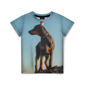 Детская футболка 3D с принтом Доберман в Курске, 100% гипоаллергенный полиэфир | прямой крой, круглый вырез горловины, длина до линии бедер, чуть спущенное плечо, ткань немного тянется | доберман | доберманы | пес | песик | псы | собака | собаки