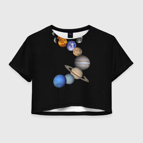 Женская футболка 3D укороченная с принтом Парад планет в Курске, 100% полиэстер | круглая горловина, длина футболки до линии талии, рукава с отворотами | звёзды | космическое пространство | космос | планета | созвездие
