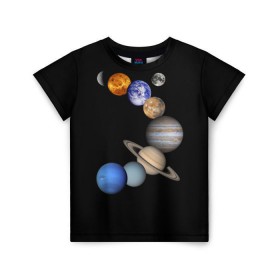 Детская футболка 3D с принтом Парад планет в Курске, 100% гипоаллергенный полиэфир | прямой крой, круглый вырез горловины, длина до линии бедер, чуть спущенное плечо, ткань немного тянется | звёзды | космическое пространство | космос | планета | созвездие