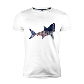 Мужская футболка премиум с принтом акула город в Курске, 92% хлопок, 8% лайкра | приталенный силуэт, круглый вырез ворота, длина до линии бедра, короткий рукав | 