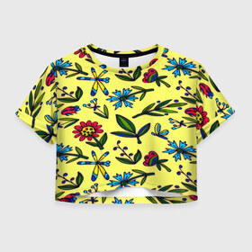 Женская футболка 3D укороченная с принтом Цветочки в Курске, 100% полиэстер | круглая горловина, длина футболки до линии талии, рукава с отворотами | желтый | паттерн | растительный