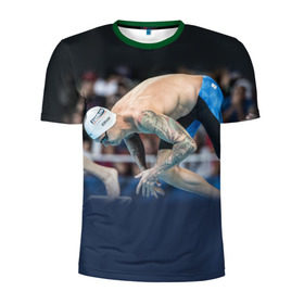 Мужская футболка 3D спортивная с принтом Пловец в Курске, 100% полиэстер с улучшенными характеристиками | приталенный силуэт, круглая горловина, широкие плечи, сужается к линии бедра | бассейн | вода | прыжок
