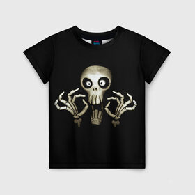 Детская футболка 3D с принтом Скeлетик в Курске, 100% гипоаллергенный полиэфир | прямой крой, круглый вырез горловины, длина до линии бедер, чуть спущенное плечо, ткань немного тянется | bones | halloween | skull в идеи подарков в хеллоуин | скелет | скелеты | хеллоиун | хэллоуин | хэлоуин | череп | черепа