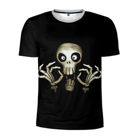 Мужская футболка 3D спортивная с принтом Скeлетик в Курске, 100% полиэстер с улучшенными характеристиками | приталенный силуэт, круглая горловина, широкие плечи, сужается к линии бедра | bones | halloween | skull в идеи подарков в хеллоуин | скелет | скелеты | хеллоиун | хэллоуин | хэлоуин | череп | черепа