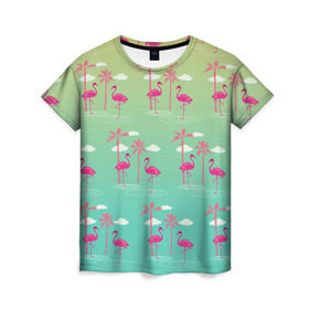 Женская футболка 3D с принтом Фламинго и пальмы в Курске, 100% полиэфир ( синтетическое хлопкоподобное полотно) | прямой крой, круглый вырез горловины, длина до линии бедер | Тематика изображения на принте: животные | мозаика | пальмы | птицы | тропики | узор | фауна | фламинго