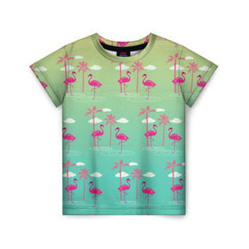 Детская футболка 3D с принтом Фламинго и пальмы в Курске, 100% гипоаллергенный полиэфир | прямой крой, круглый вырез горловины, длина до линии бедер, чуть спущенное плечо, ткань немного тянется | животные | мозаика | пальмы | птицы | тропики | узор | фауна | фламинго