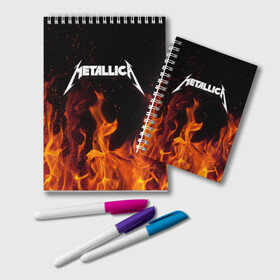 Блокнот с принтом Metallica fire в Курске, 100% бумага | 48 листов, плотность листов — 60 г/м2, плотность картонной обложки — 250 г/м2. Листы скреплены удобной пружинной спиралью. Цвет линий — светло-серый
 | металлика