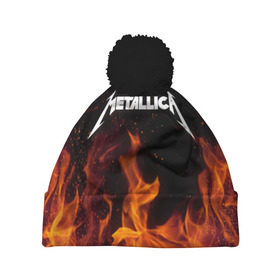 Шапка 3D c помпоном с принтом Metallica fire в Курске, 100% полиэстер | универсальный размер, печать по всей поверхности изделия | Тематика изображения на принте: металлика