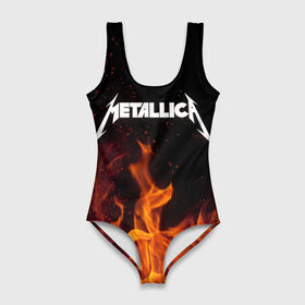 Купальник-боди 3D с принтом Metallica fire в Курске, 82% полиэстер, 18% эластан | Круглая горловина, круглый вырез на спине | металлика