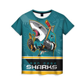 Женская футболка 3D с принтом San Jose Sharks в Курске, 100% полиэфир ( синтетическое хлопкоподобное полотно) | прямой крой, круглый вырез горловины, длина до линии бедер | nhl | san jose sharks | sharks | stanley cup | кубок стенли | кубок стэнли | нхл | сан хосе | сан хосе шаркс | хоккей | хоккейный клуб | шаркс