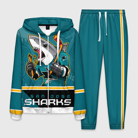 Мужской костюм 3D с принтом San Jose Sharks в Курске, 100% полиэстер | Манжеты и пояс оформлены тканевой резинкой, двухслойный капюшон со шнурком для регулировки, карманы спереди | nhl | san jose sharks | sharks | stanley cup | кубок стенли | кубок стэнли | нхл | сан хосе | сан хосе шаркс | хоккей | хоккейный клуб | шаркс