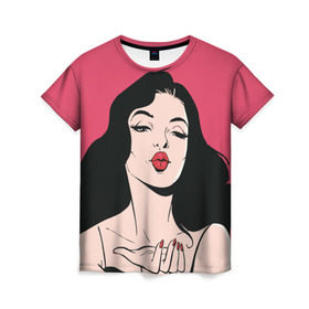 Женская футболка 3D с принтом Воздушный поцелуй в Курске, 100% полиэфир ( синтетическое хлопкоподобное полотно) | прямой крой, круглый вырез горловины, длина до линии бедер | брюнетка | о.м.с.к. | поп арт | поцелуй