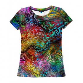 Женская футболка 3D с принтом Буйство красок в Курске, 100% полиэфир ( синтетическое хлопкоподобное полотно) | прямой крой, круглый вырез горловины, длина до линии бедер | краски | линии | мозаика | орнамент | узор | цвет