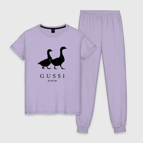 Женская пижама хлопок с принтом GUSSI в Курске, 100% хлопок | брюки и футболка прямого кроя, без карманов, на брюках мягкая резинка на поясе и по низу штанин | gucci | gussi | антибренд | бренд | гуси | гучи | пародии