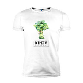 Мужская футболка премиум с принтом KINZA в Курске, 92% хлопок, 8% лайкра | приталенный силуэт, круглый вырез ворота, длина до линии бедра, короткий рукав | Тематика изображения на принте: kenzo | kinza | антибренд | бренд | кензо | кинза | пародии