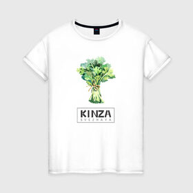 Женская футболка хлопок с принтом KINZA в Курске, 100% хлопок | прямой крой, круглый вырез горловины, длина до линии бедер, слегка спущенное плечо | kenzo | kinza | антибренд | бренд | кензо | кинза | пародии