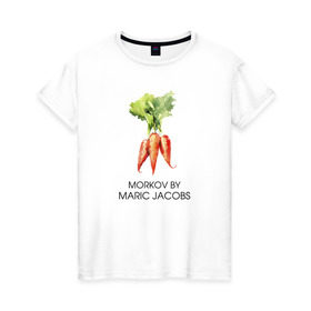 Женская футболка хлопок с принтом MORKOV BY MARIC JACOBS в Курске, 100% хлопок | прямой крой, круглый вырез горловины, длина до линии бедер, слегка спущенное плечо | jacobs mark | morkov | антибренд | бренд | пародии