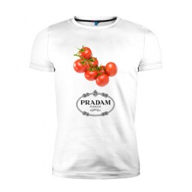 Мужская футболка премиум с принтом PRADAM в Курске, 92% хлопок, 8% лайкра | приталенный силуэт, круглый вырез ворота, длина до линии бедра, короткий рукав | prada | pradam | антибренд | бренд | пародии | прада | прадам