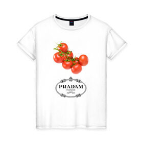 Женская футболка хлопок с принтом PRADAM в Курске, 100% хлопок | прямой крой, круглый вырез горловины, длина до линии бедер, слегка спущенное плечо | prada | pradam | антибренд | бренд | пародии | прада | прадам
