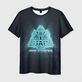 Мужская футболка 3D с принтом Union Aerospace corporation в Курске, 100% полиэфир | прямой крой, круглый вырез горловины, длина до линии бедер | Тематика изображения на принте: doom | uac | дум | космос